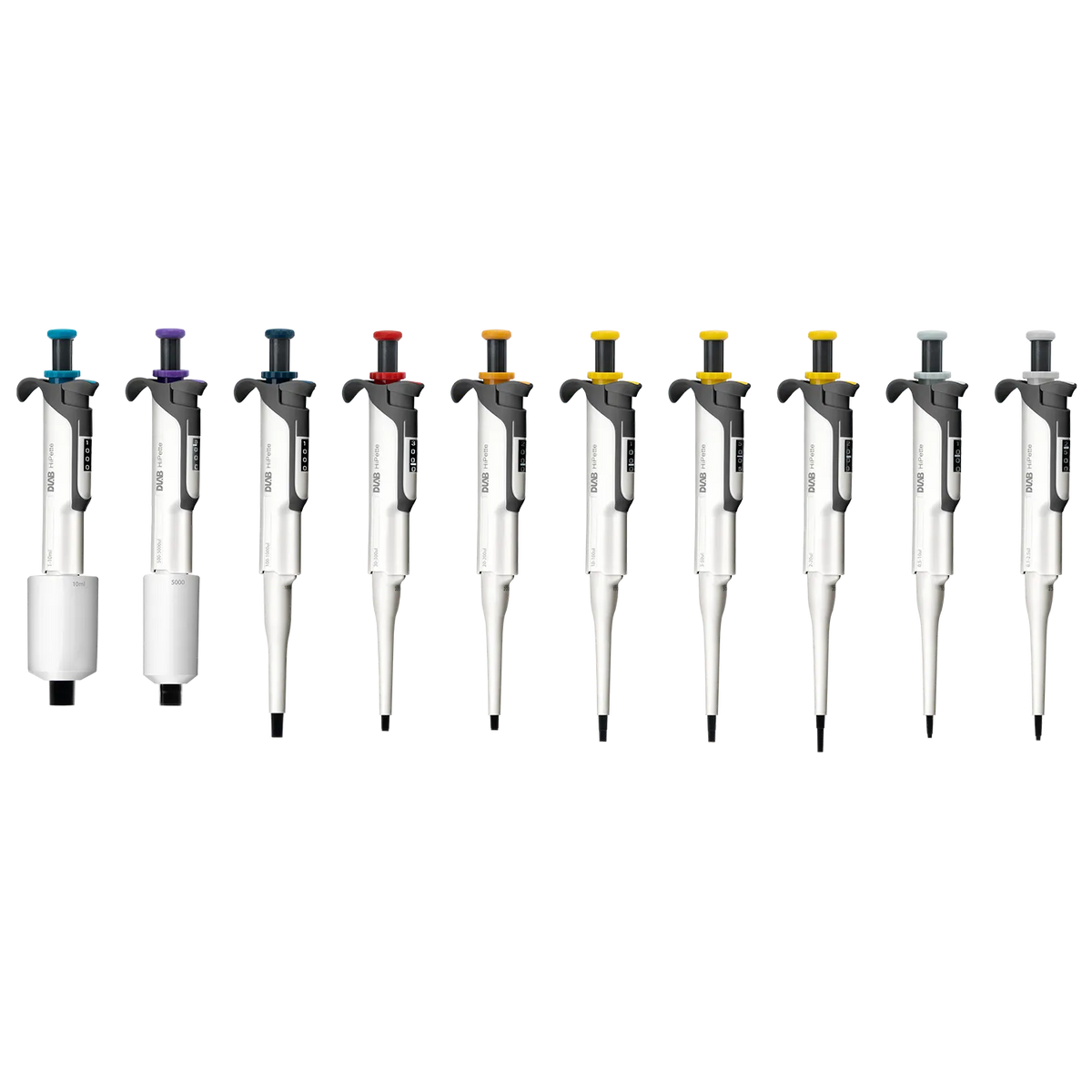 Gamme complète des micropipettes DLAB HiPette, dix volumes à code couleur