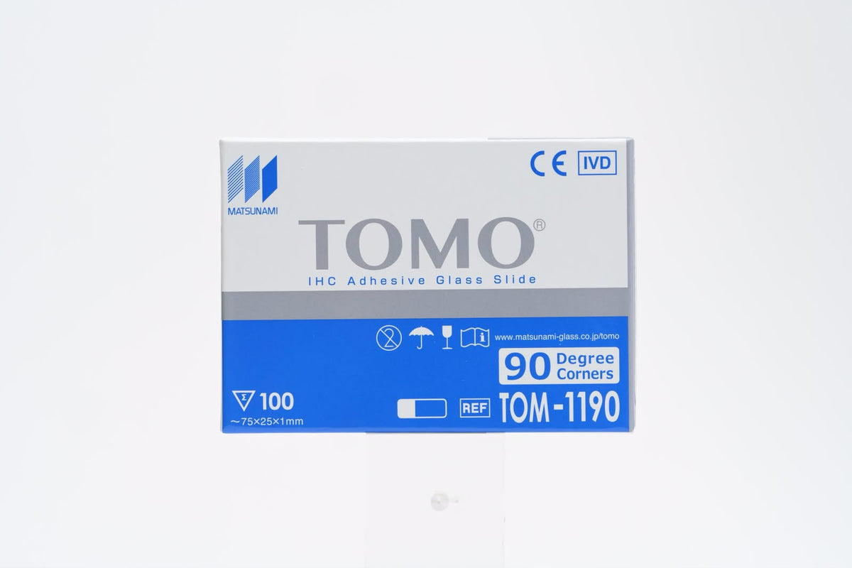 Boîte de 100 lames adhésives TOMO® TOM-1190 Matsunami pour immunohistochimie, marquage CE-IVD, 75 x 25 x 1 mm, coins à 90°