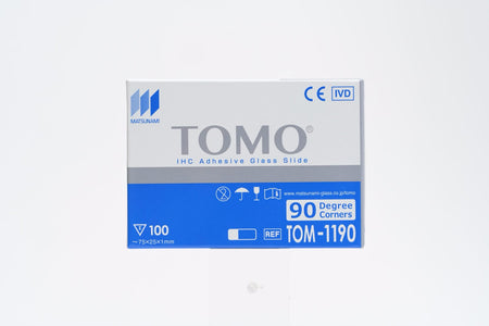 Boîte de 100 lames adhésives TOMO® TOM-1190 Matsunami pour immunohistochimie, marquage CE-IVD, 75 x 25 x 1 mm, coins à 90°