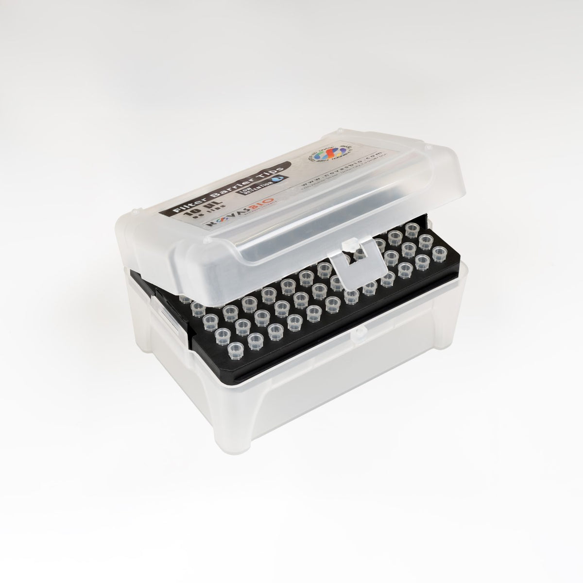 Rack stérile de 96 pointes à filtre 10 µl low retention NovasBio, boîte ouverte