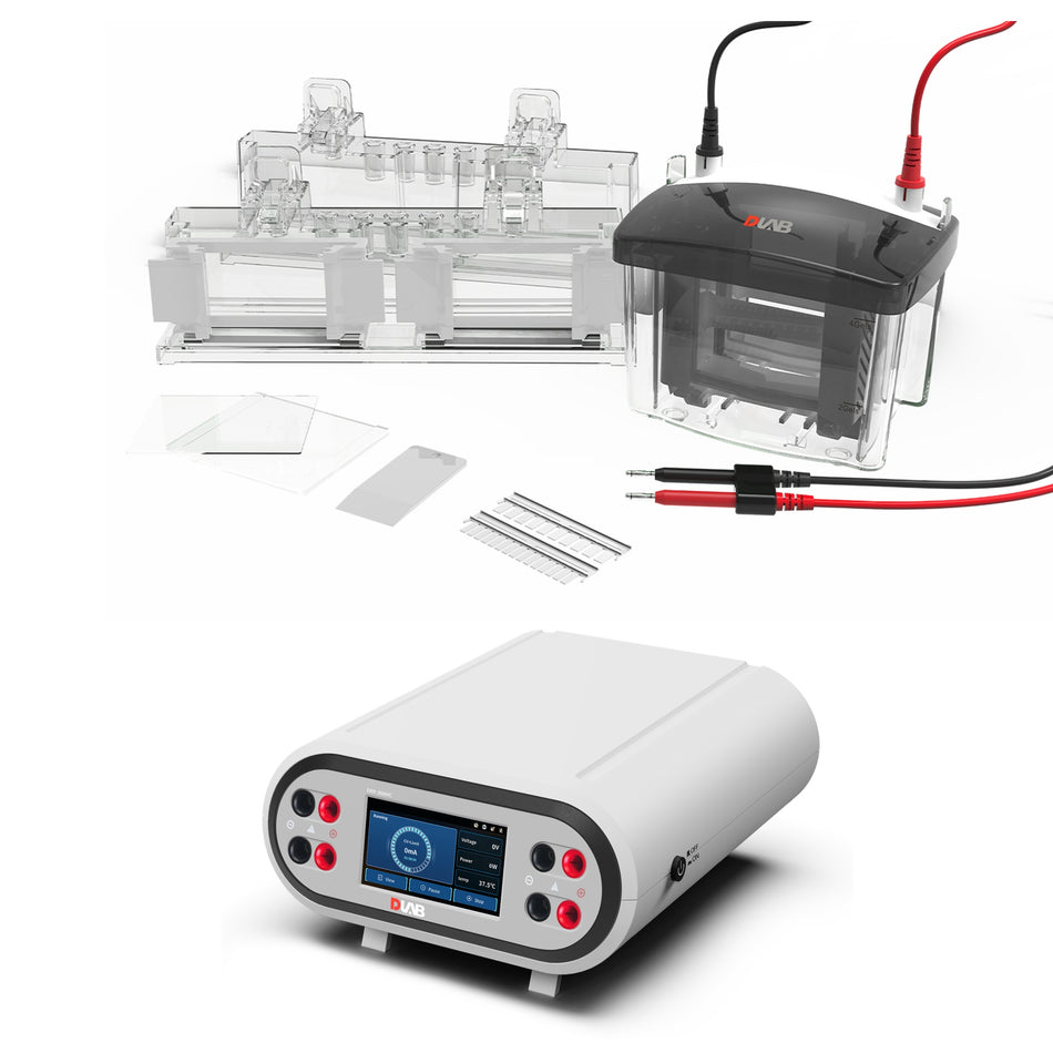 Système d'électrophorèse verticale DLAB : cuve DL-MINI04 avec accessoires de coulage et générateur DEP-300HC